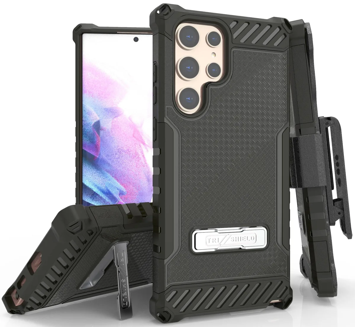 Nakedcellphone Nakedcellphone Tri-Shield Kickstand Case + Belt Clip Holster + Lanyard Strap for Galaxy S22 Ultra 5G Black — product photo