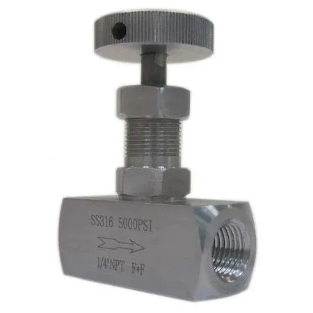 Stainless steel needle valve with quarter inch NPT ports and adjustment knob