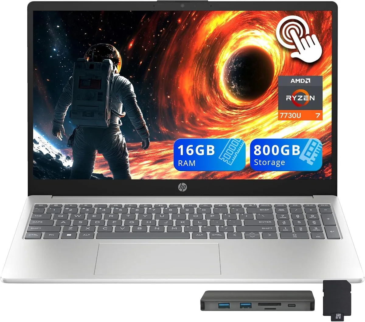 HP HP 15.6" FHD IPS Touchscreen Business Laptop AMD Ryzen 7 7730U 16GB 512GB + 288GB Docking Station Set Silver — product photo