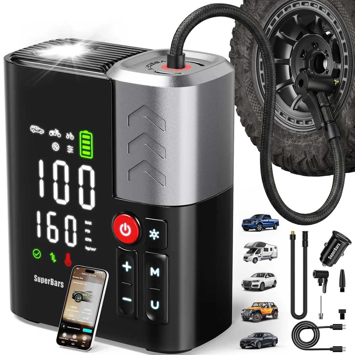  SuperBars F1 Portable Air Compressor 160PSI 48LPM 10400mAh 45W Charging Grey — product photo
