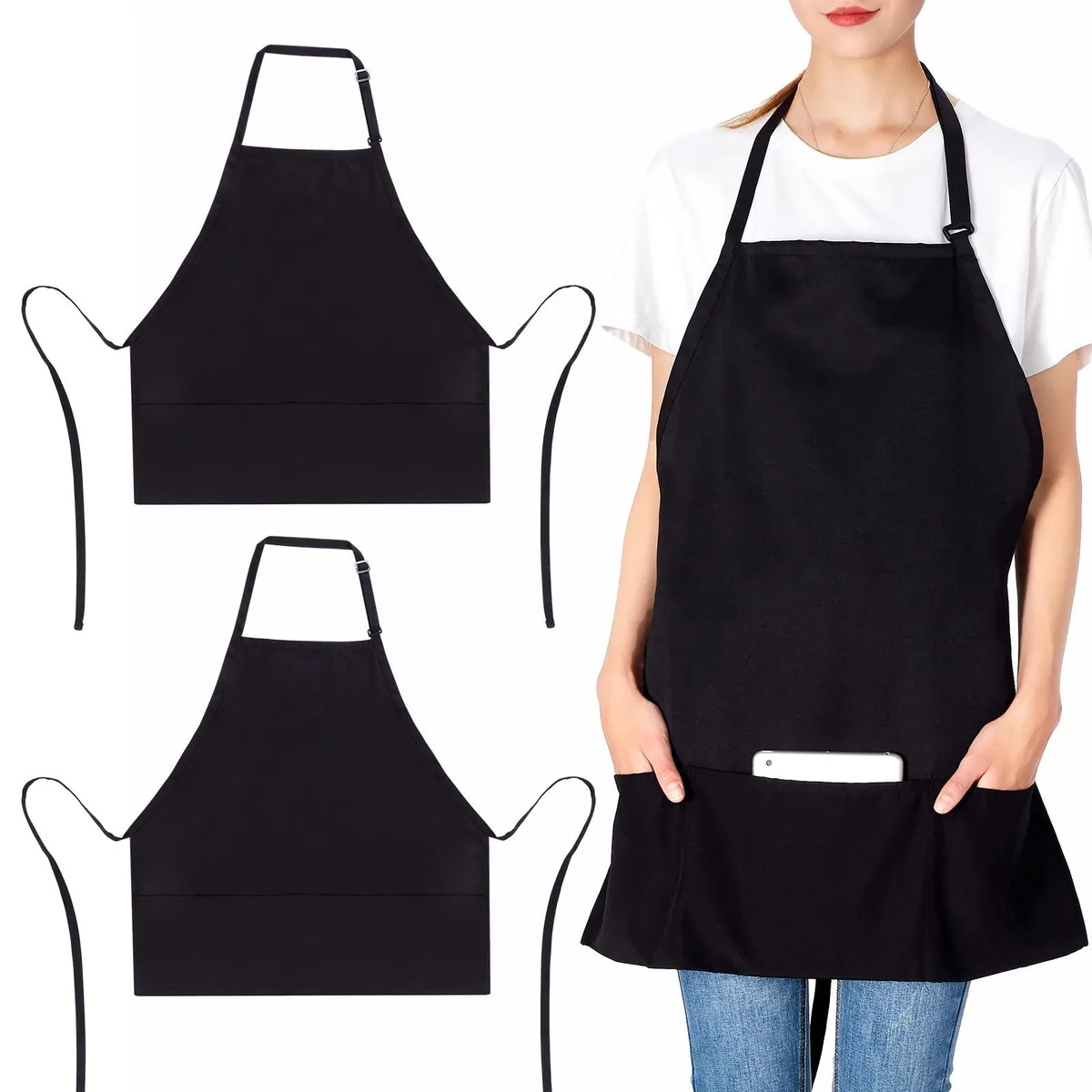 2 Pack 3 Pocket Adjustable Bib Apron Black — product photo