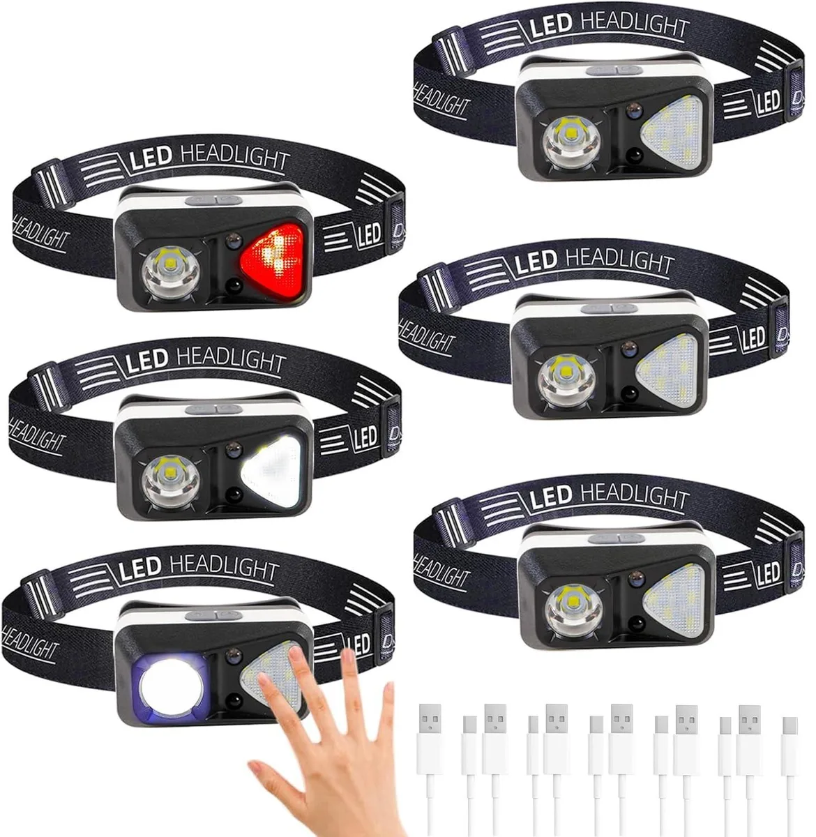 Six grey ABS headlamps with elastic headbands, USB-C cables included