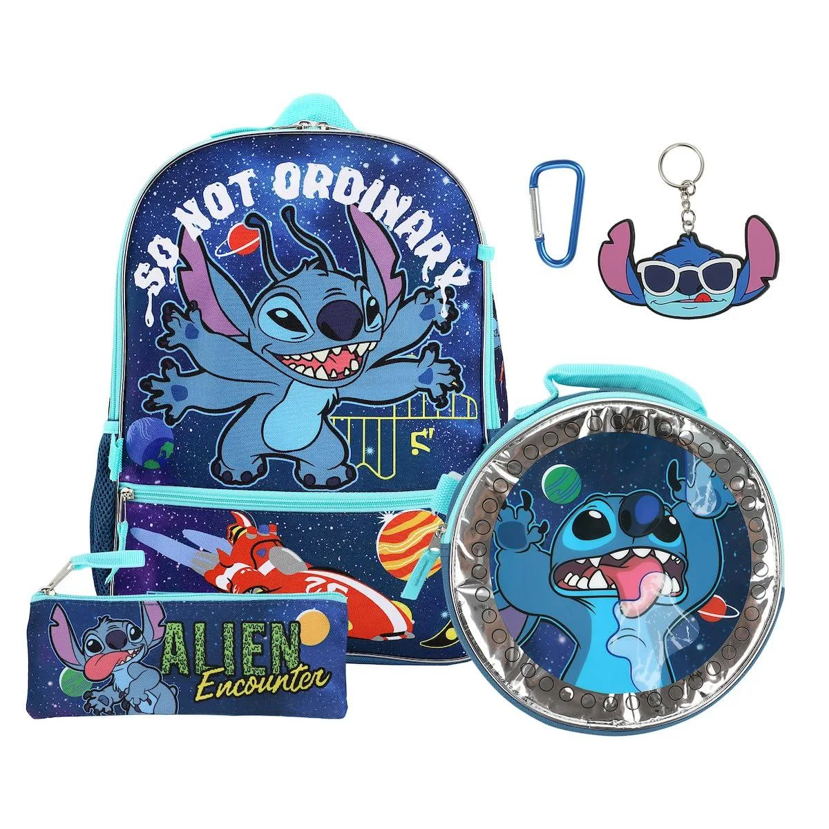 Purple 16 inch backpack set with Stitch artwork, lunch bag, utility case and keychain