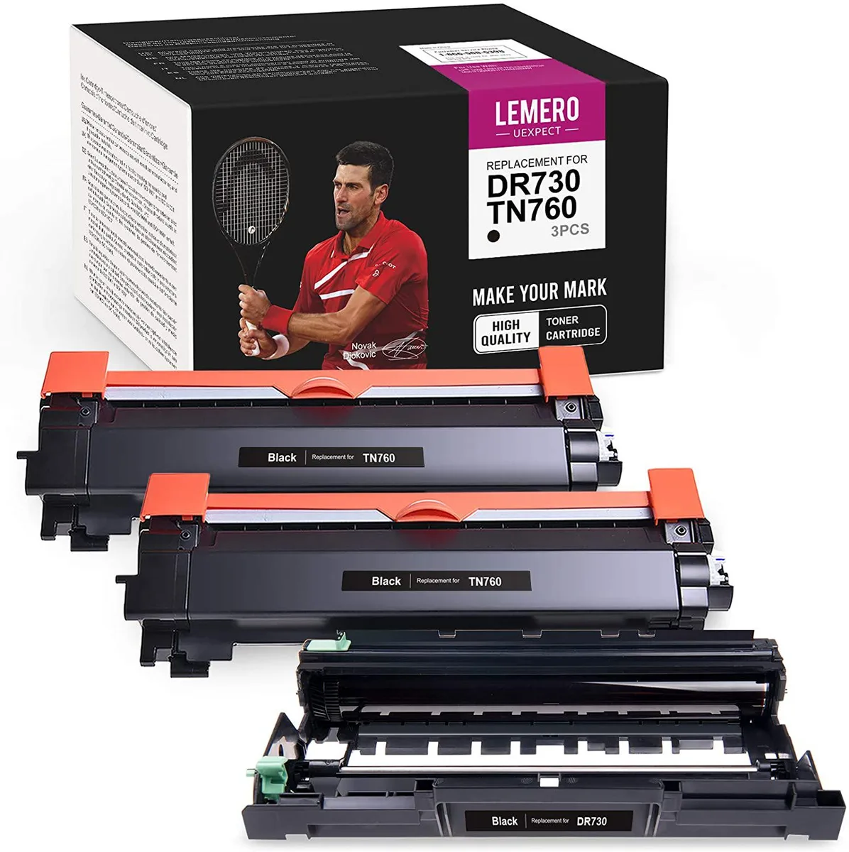Three sealed toner and drum cartridges in a box
