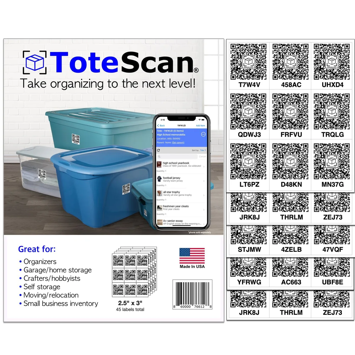  ToteScan Intelligent QR Labels 45 pack 2.5"x3 — product photo