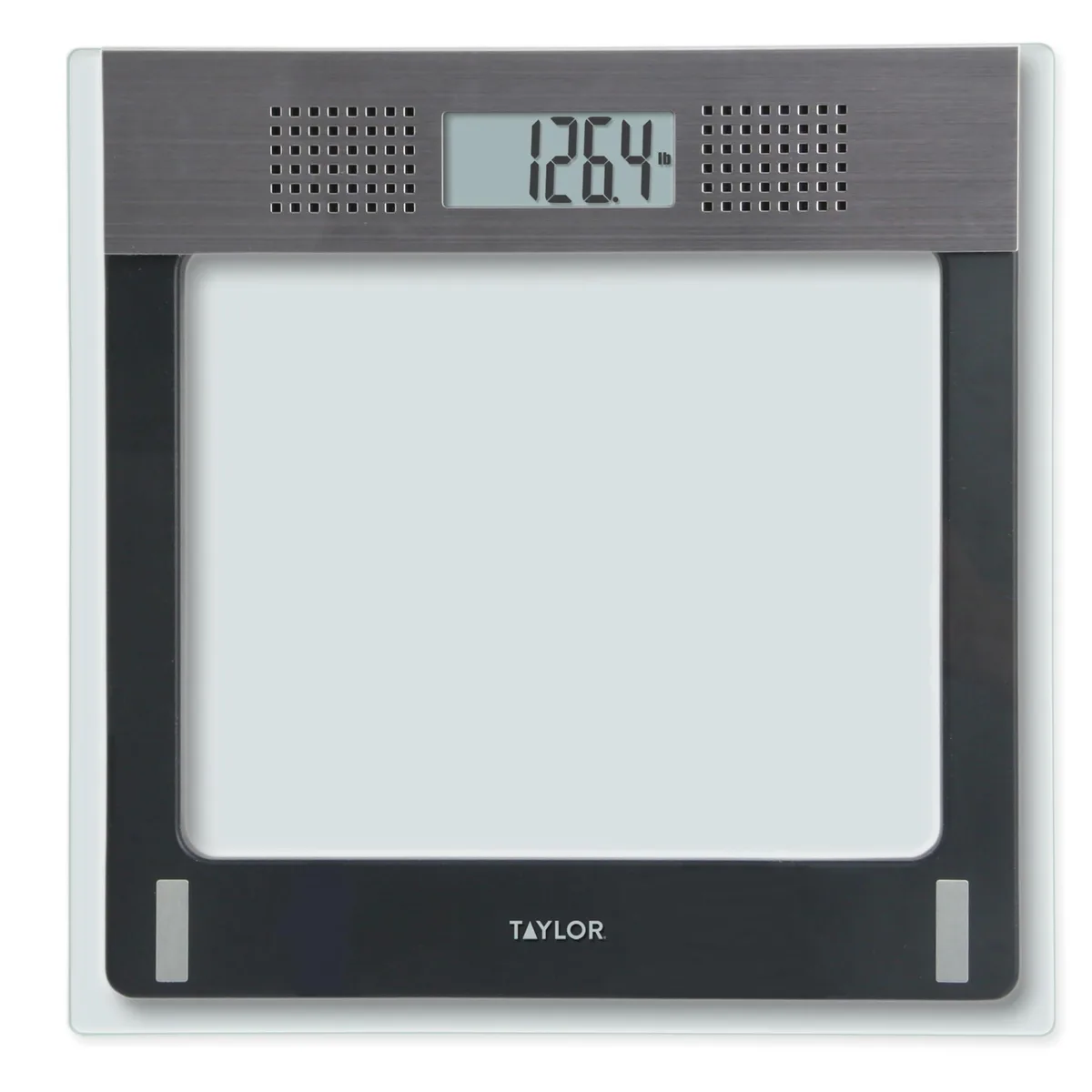 Gray square glass platform scale with stainless accents and 1.1 inch display