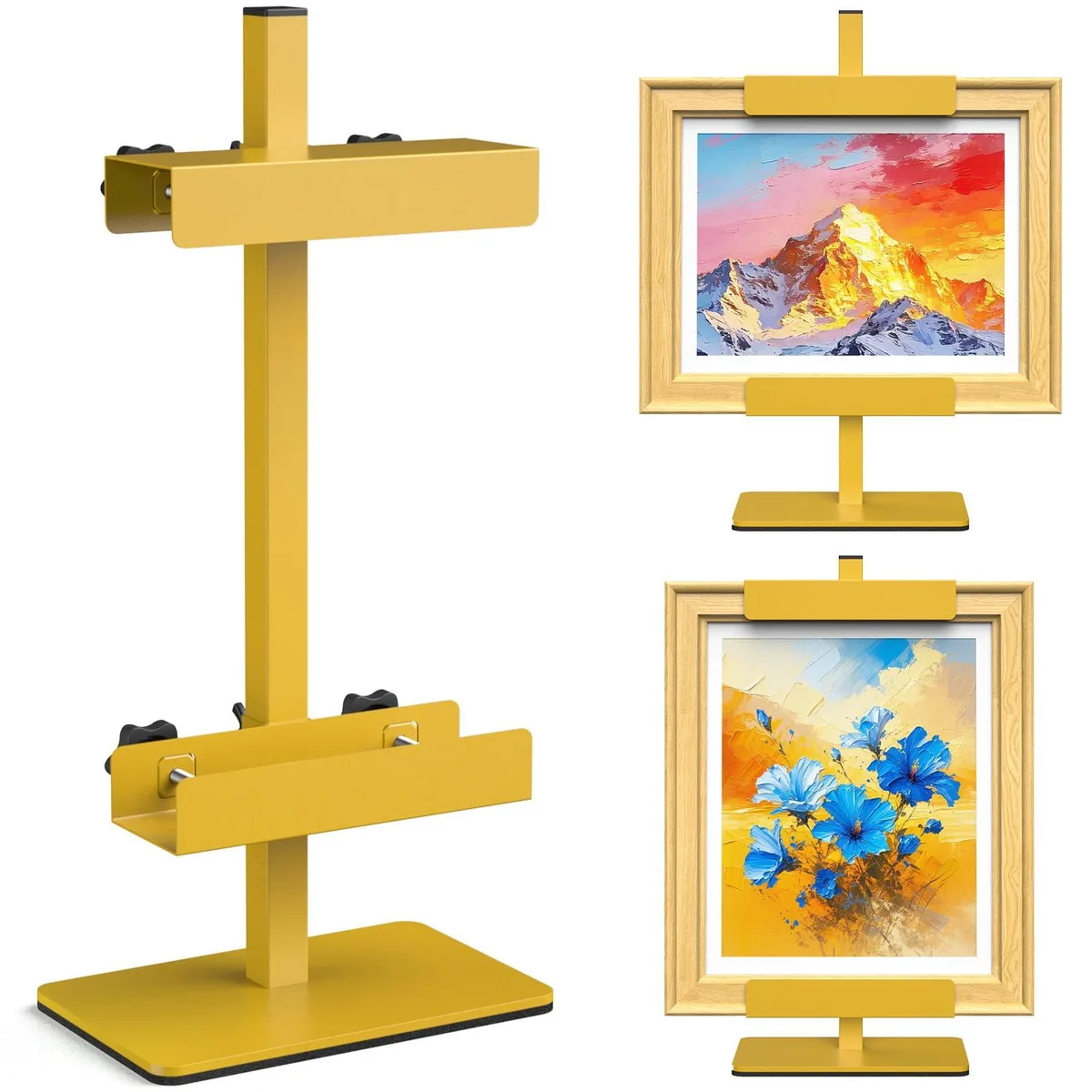Gold metal tabletop easel, 15.55 inches tall, compact base with non-slip pads