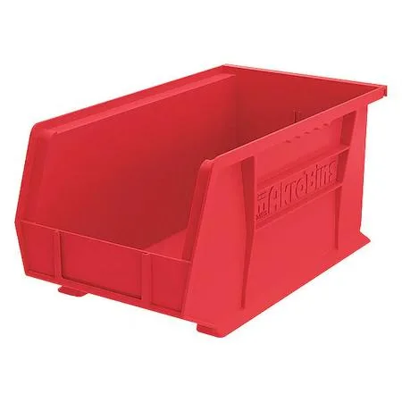 Red plastic hang-and-stack storage bin, 14 3/4 in long, 8 1/4 in wide, 7 in high, molded label slots