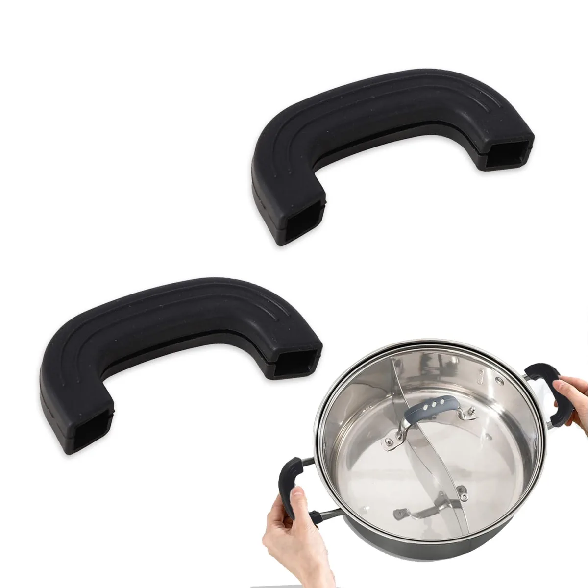Black silicone sleeve slipped over a metal pot handle, matte finish, flexible grip