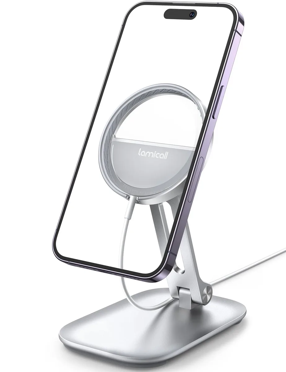 Silver dual-hinge foldable aluminium stand for Apple 15W MagSafe charger