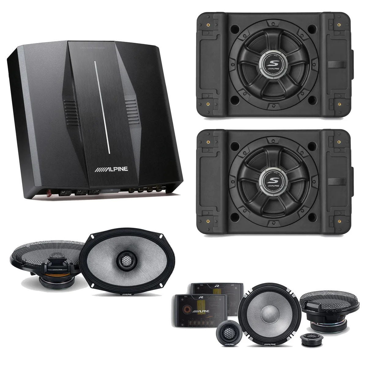 Alpine Alpine PXE-C80-88 OPTIM8 8-Channel Amplifier with 2x SS-SB10 10" Subwoofer, R2-S652 &amp; R2-S69 Bundle — product photo