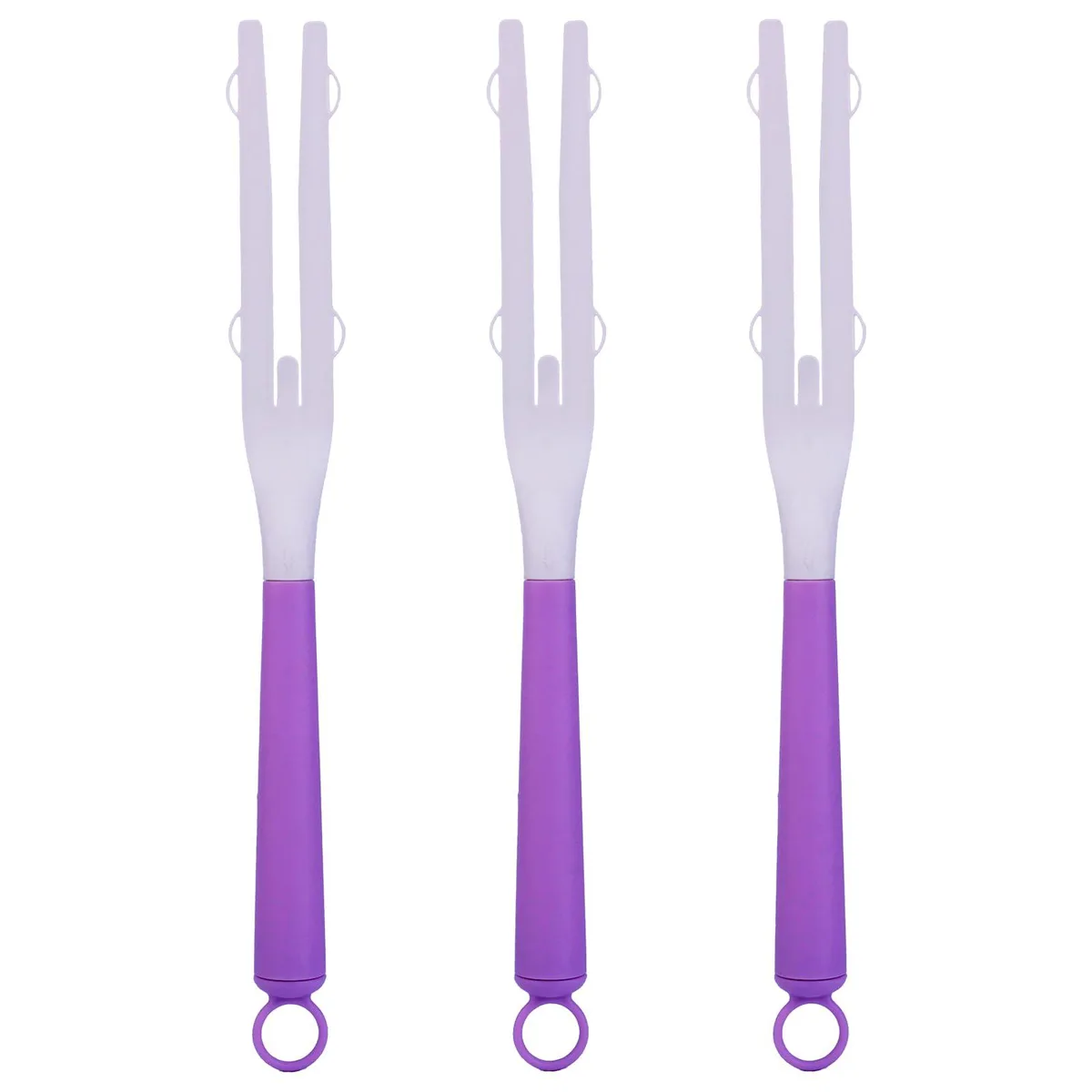 Three purple plastic duster handles, each 34.2 cm long, cylindrical with smooth finish