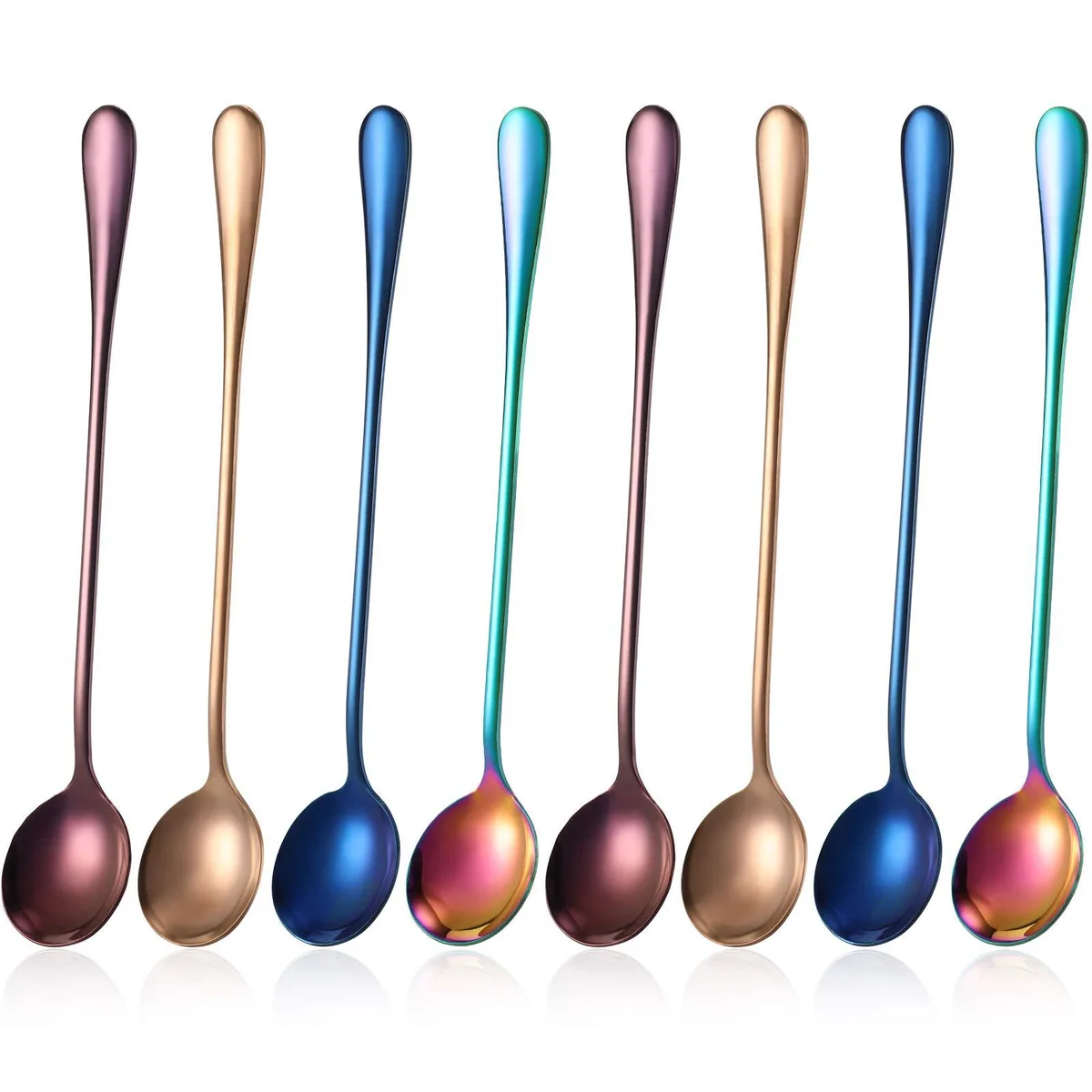 Eight multicolour stainless steel long-handle teaspoons, round bowls, polished finish