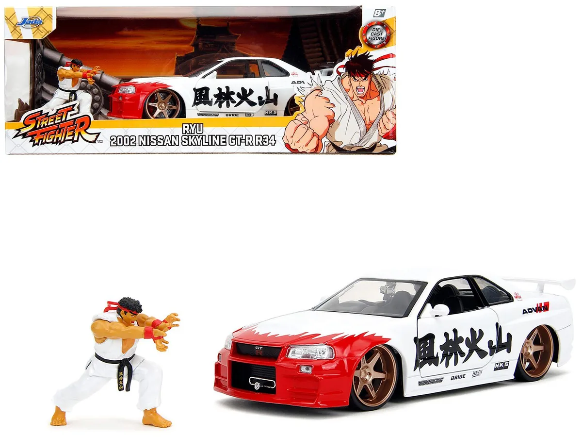 Jada Jada 2002 Nissan Skyline GT-R R34 RHD White Graphics Ryu Figure 1/24 Diecast — product photo