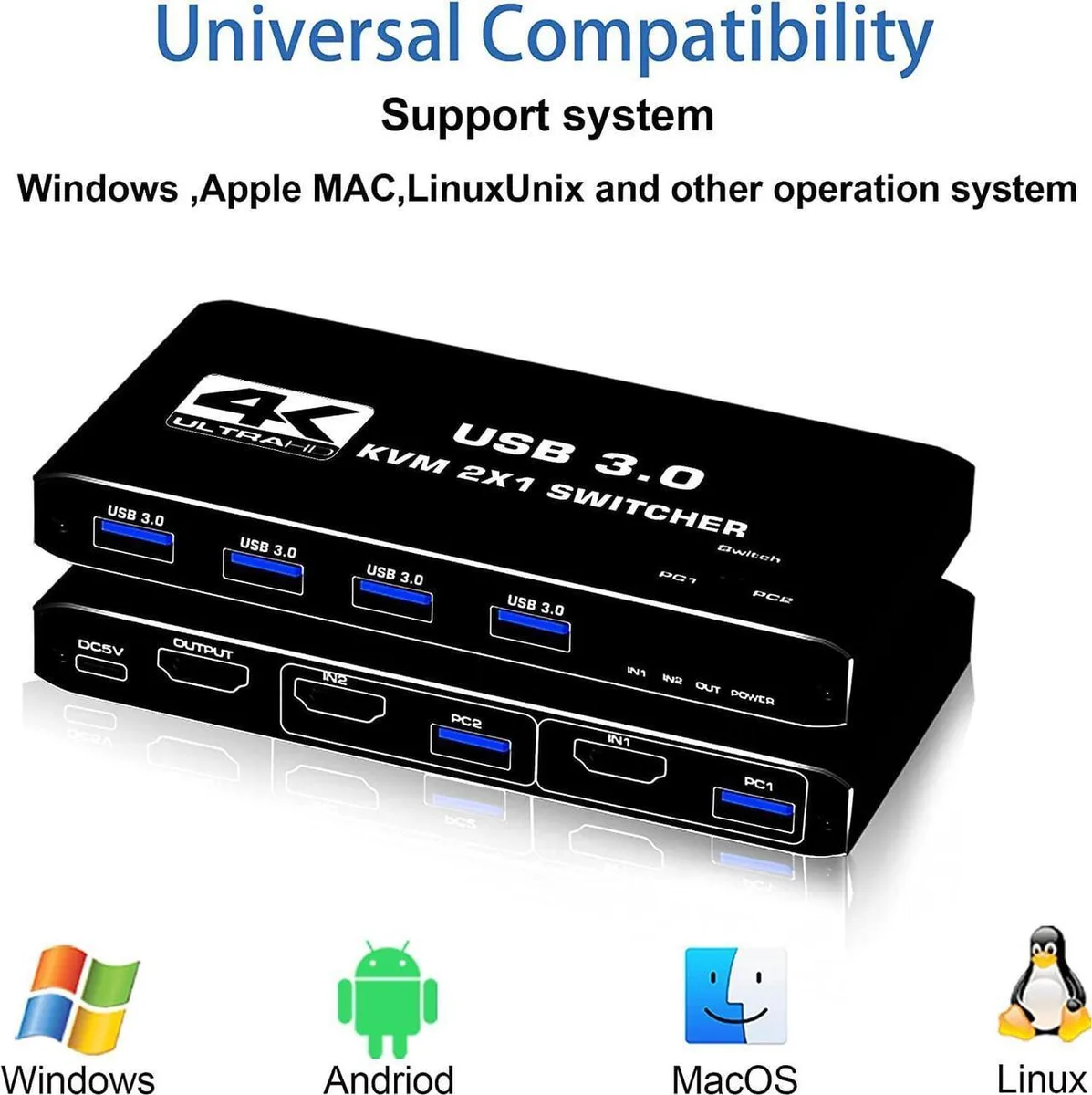 Vszerda Vszerda 4K@60Hz HDMI 2.0 KVM Switch 2-Port USB 3.0 4-Port Aluminium — product photo