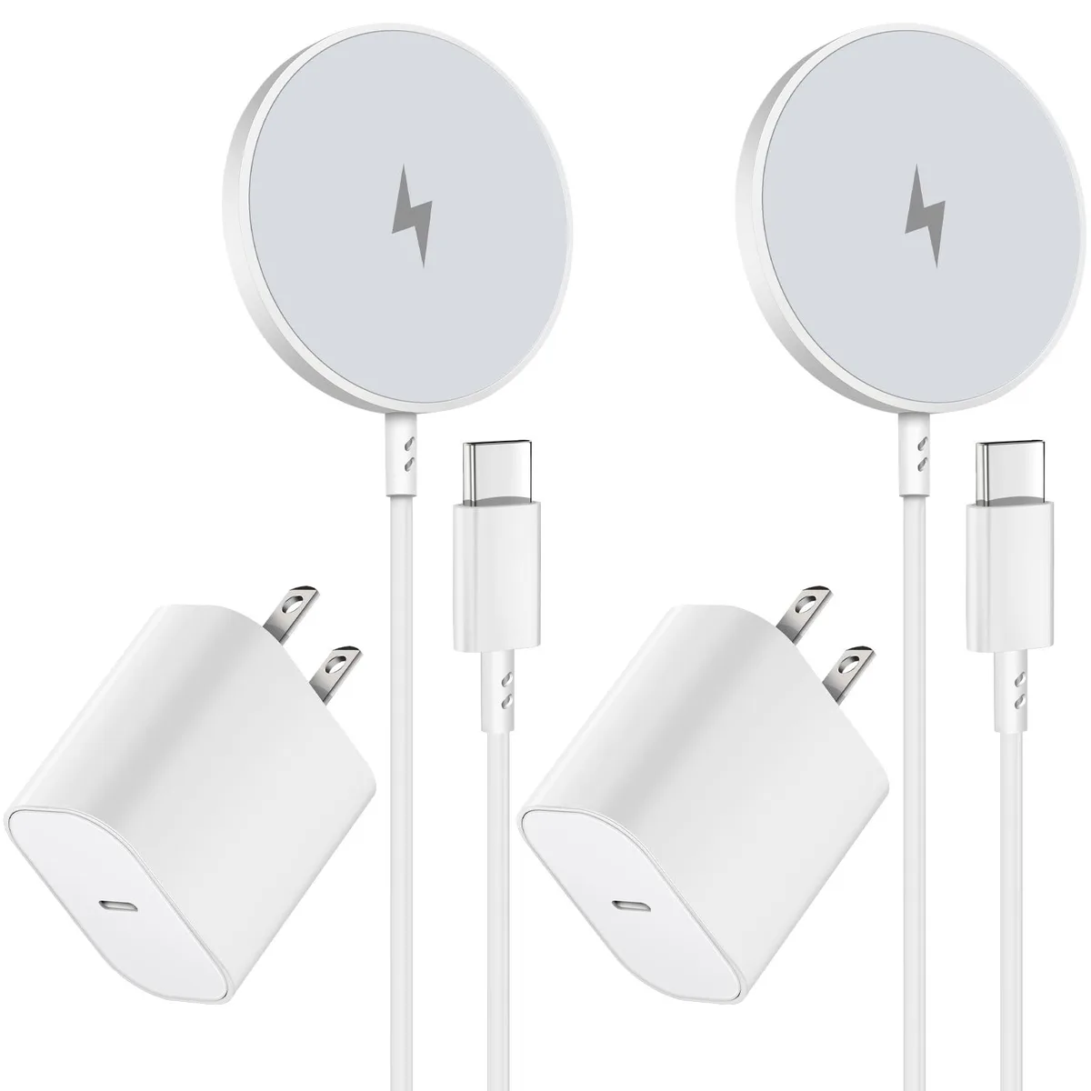 Two white circular wireless charging pads with a USB-C power adapter and six-foot cables
