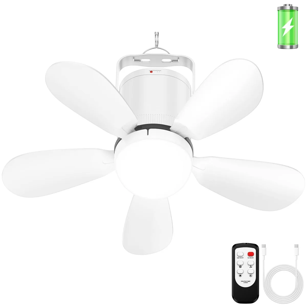 Black 17-inch portable ceiling fan with remote, battery operated, acrylic blades, LED light