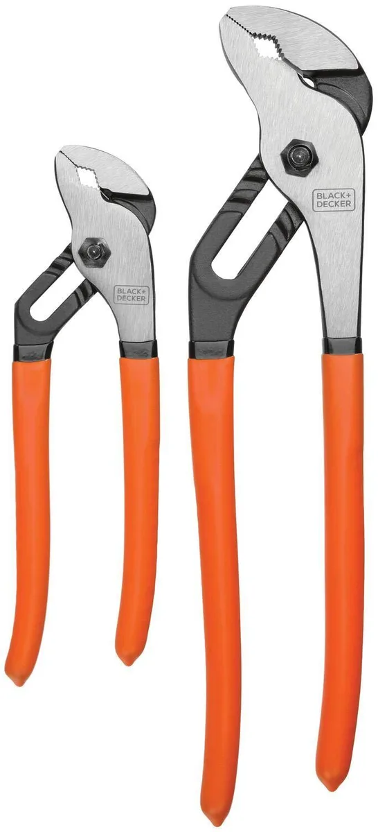 Two black steel slip-joint pliers, 8 in and 12 in, double-dipped grips