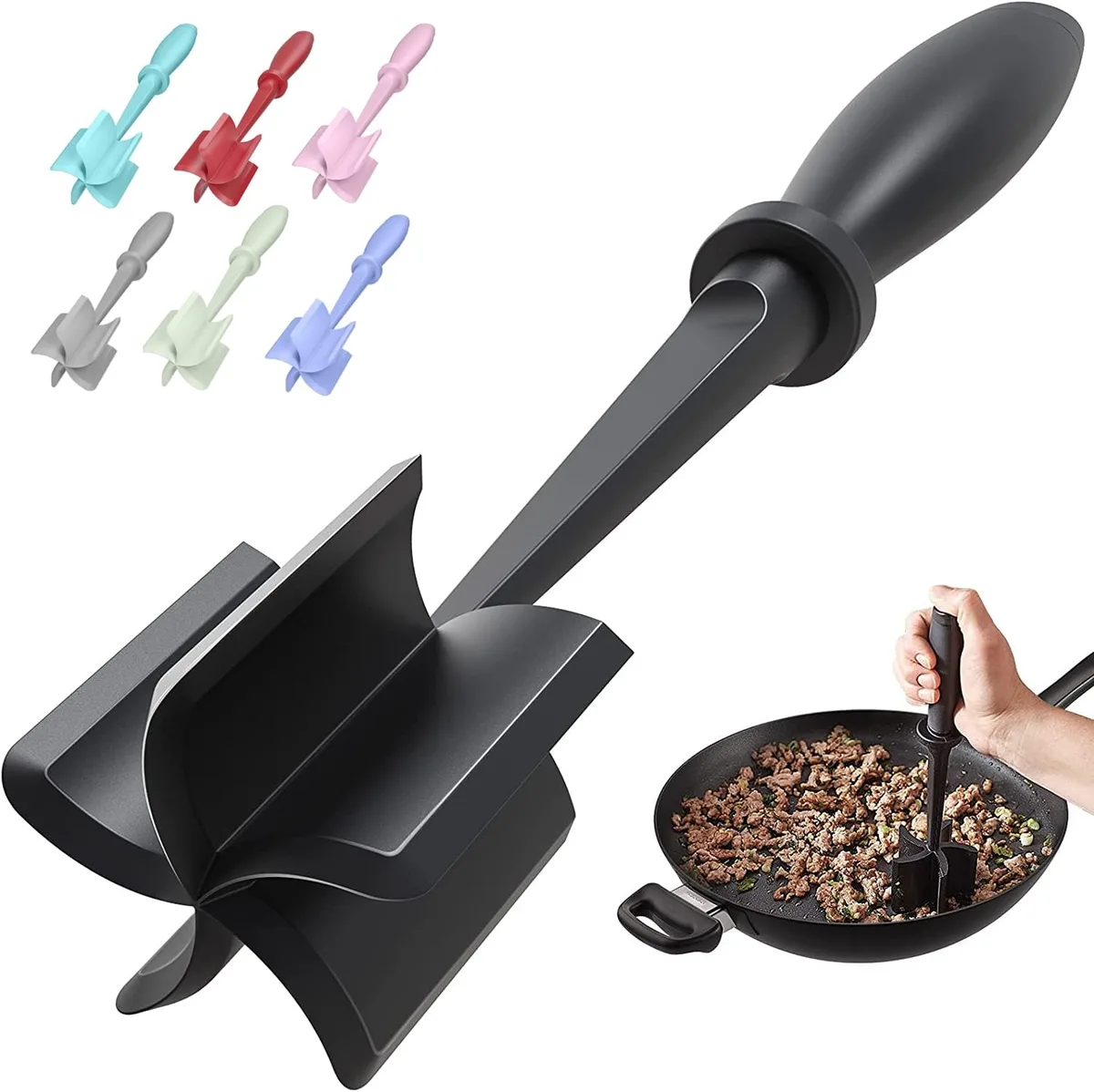 Black nylon meat chopper with five wide beveled blades and a handle