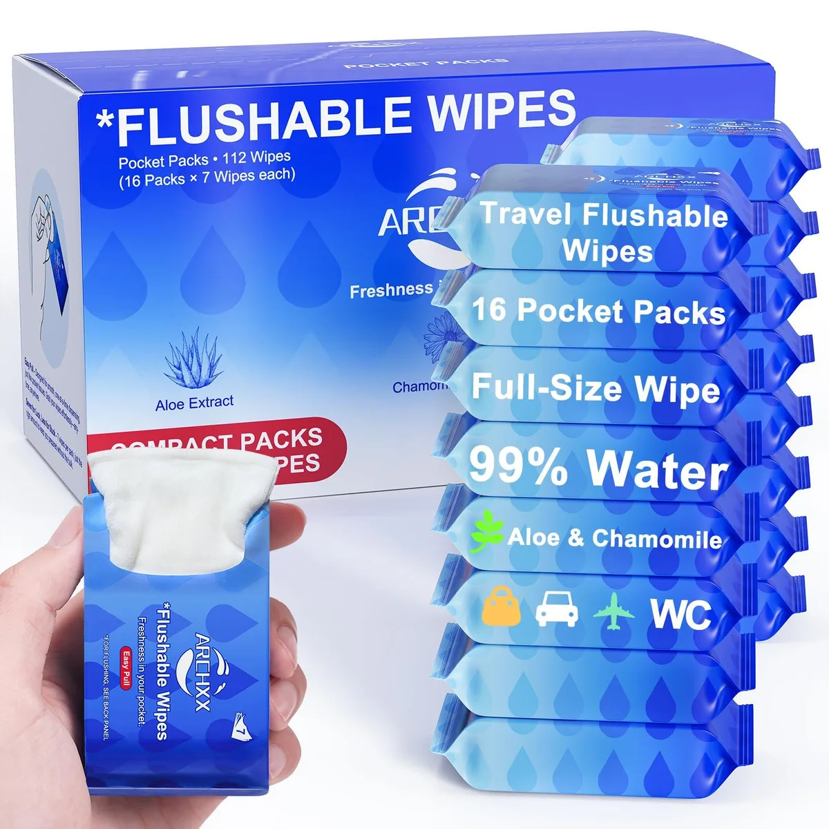 Rectangular cardboard box containing sixteen small travel packs of flushable wipes