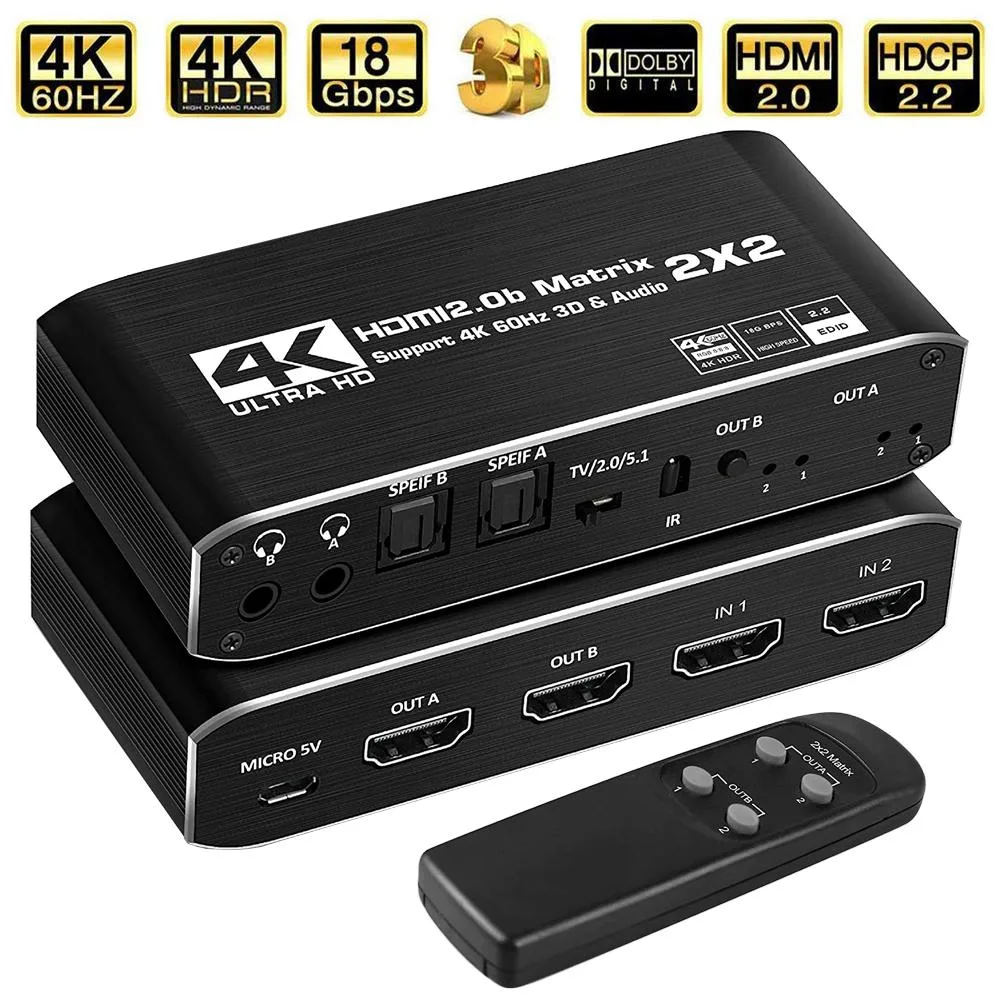 Black rectangular HDMI matrix switch, 2 in 2 out, IR remote included