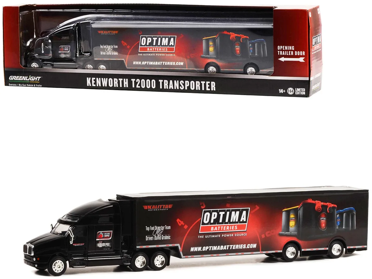 GREENLIGHT GREENLIGHT Kenworth T2000 Transporter Black OPTIMA Batteries 1/64 Diecast Hobby Collectible — product photo