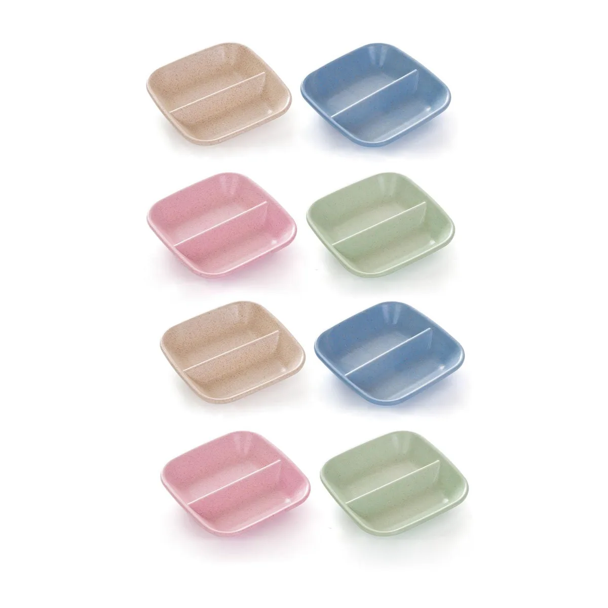 Eight small two-compartment dipping bowls in pink green blue beige stacked together
