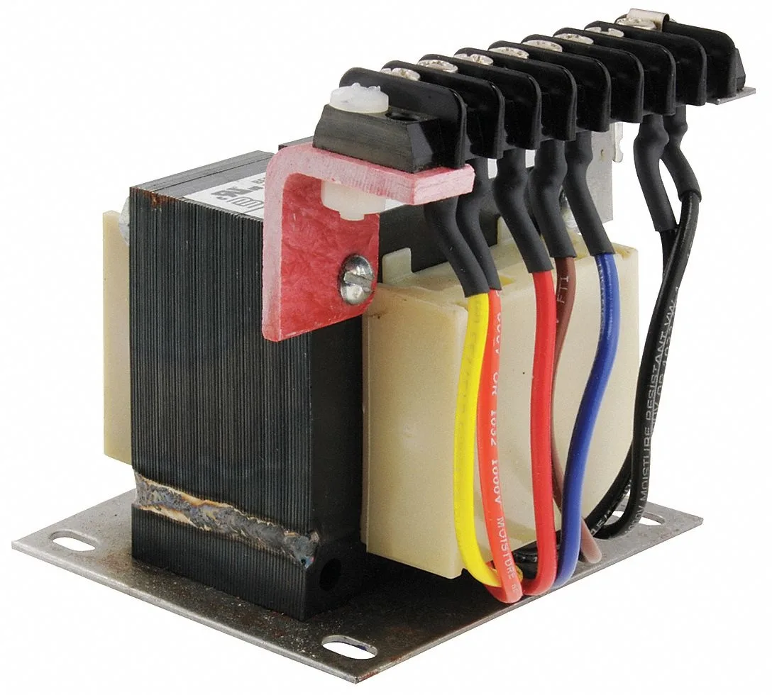 Small rectangular transformer unit with mounting tabs and wire terminals, grey metal casing