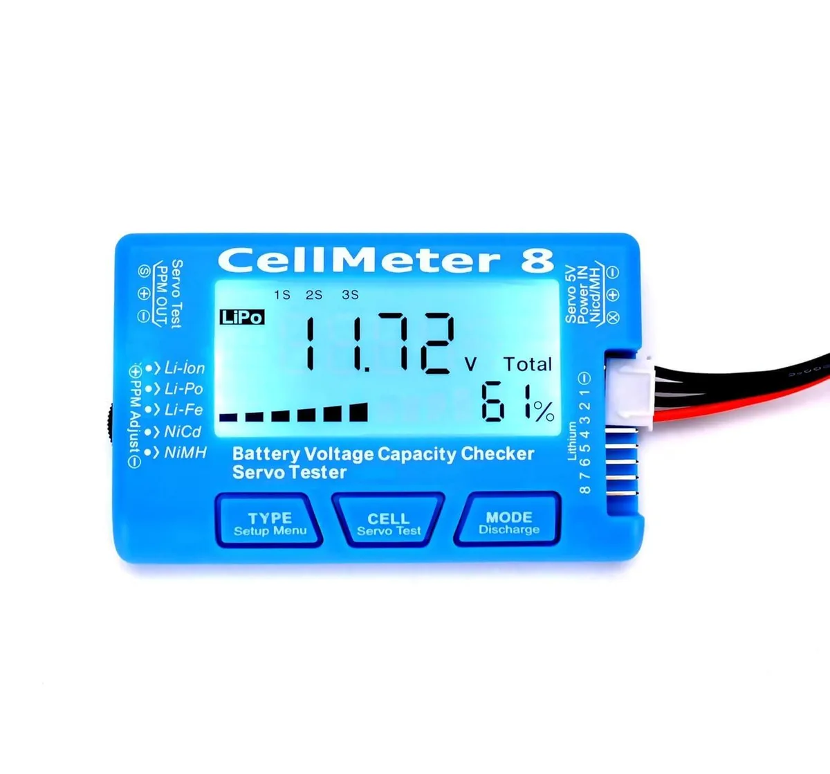 Small rectangular digital battery checker with LCD screen and balance ports, 12 cm 50 g