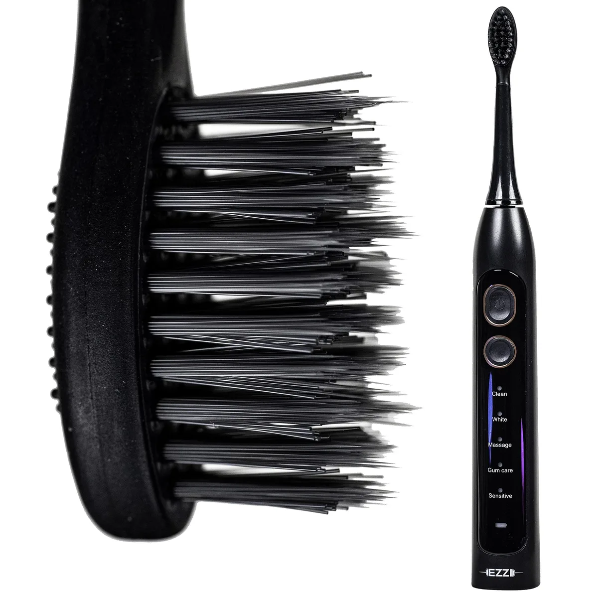 Black electric toothbrush with tapered brush head and matte finish