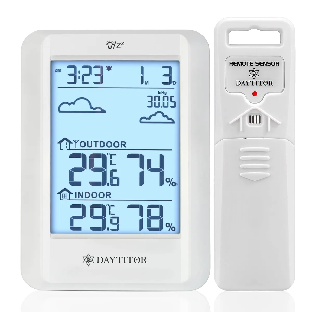 White rectangular wireless thermometer with display and stand