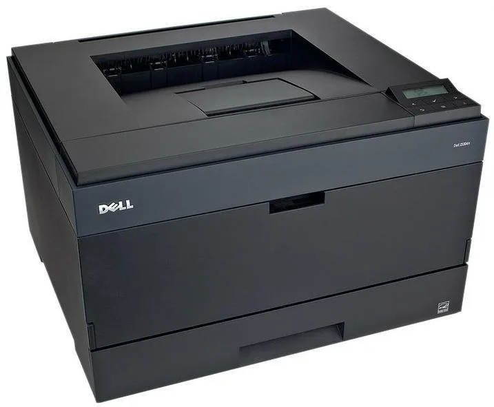 Rectangular grey office laser printer with front paper tray and output bin