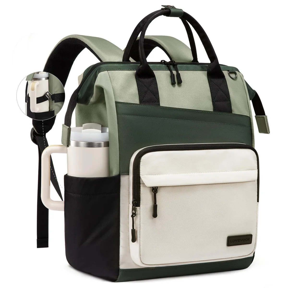 Beige polyester laptop backpack with diagonal colour-block design and zipper pull