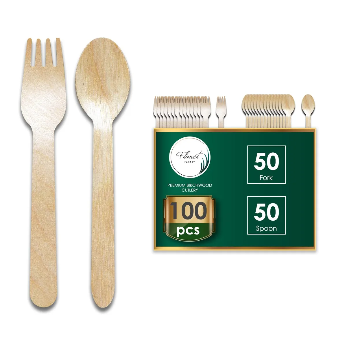 Planet Pantry Planet Pantry Disposable Birchwood Cutlery Fork &amp; Spoon 50 pcs each — product photo