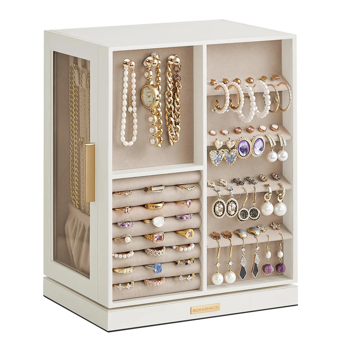 Cloud white rotating jewelry box with glass window and 18 necklace hooks