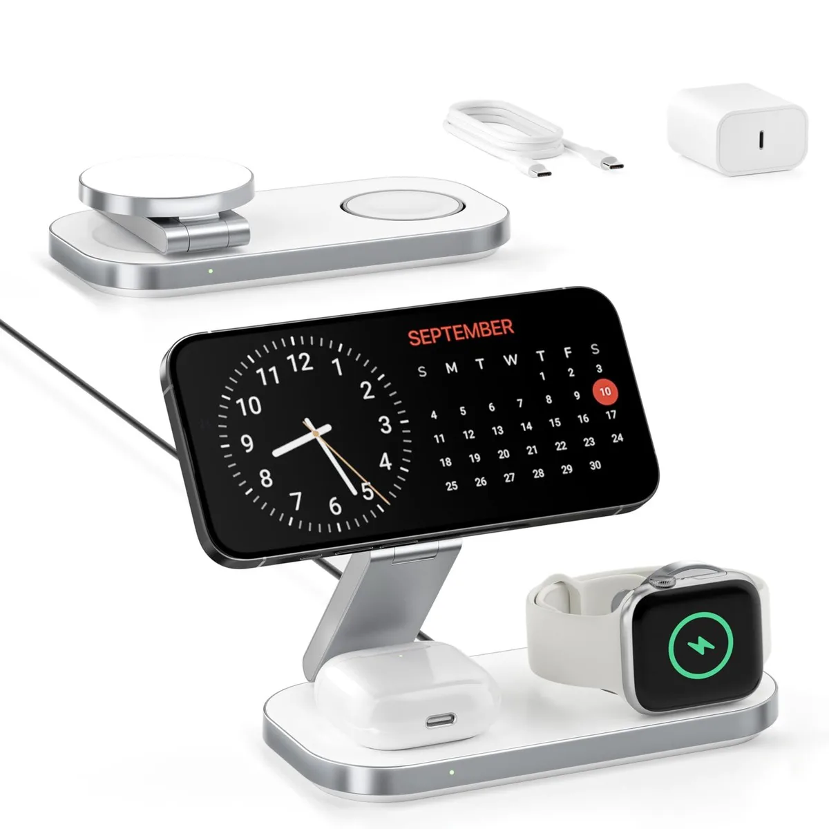White foldable 3-in-1 MagSafe charger with phone, watch and AirPods pads