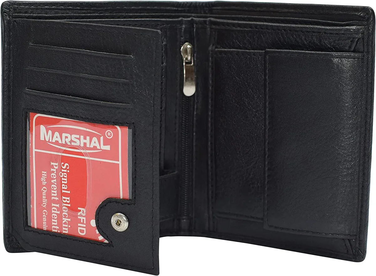 Black leather bifold trifold wallet with ID window and zipper coin pocket