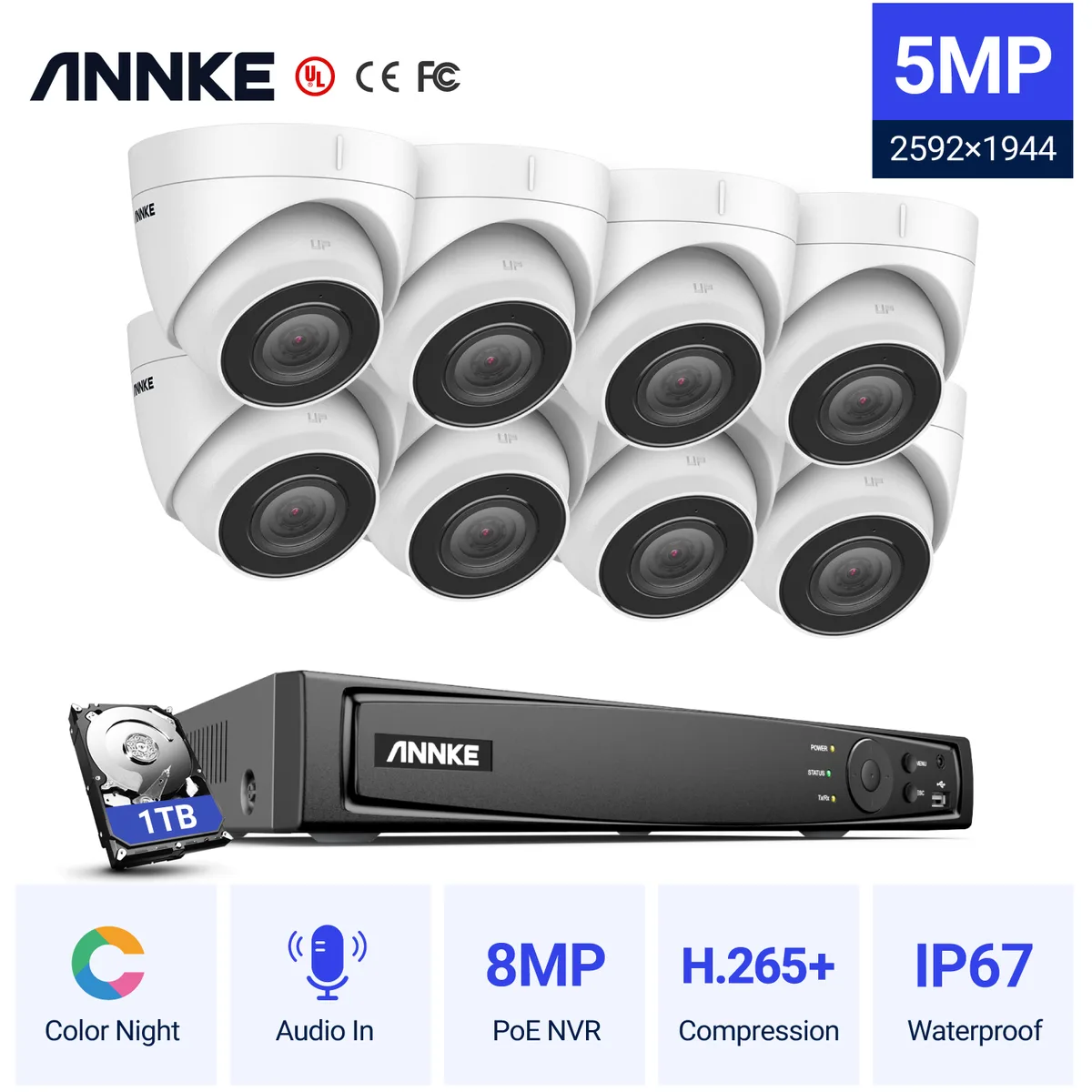 Annke Annke 8-Channel 4K NVR Kit with 8× 5MP PoE Turret Cameras, 1TB HDD, IP67, EXIR 2.0 100ft Night Vision — product photo