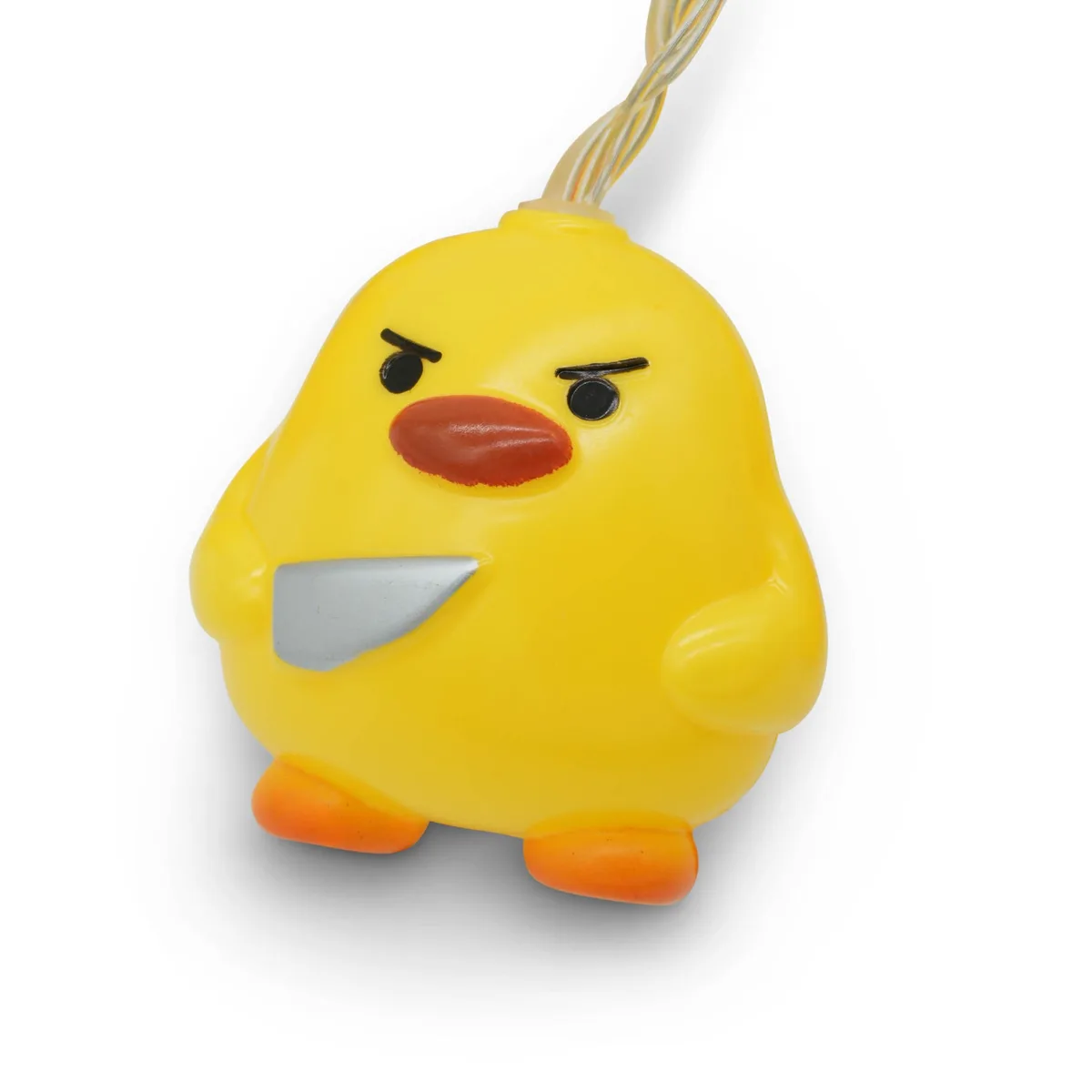 String of yellow plastic ducks holding knives on blue wire with red LED lights