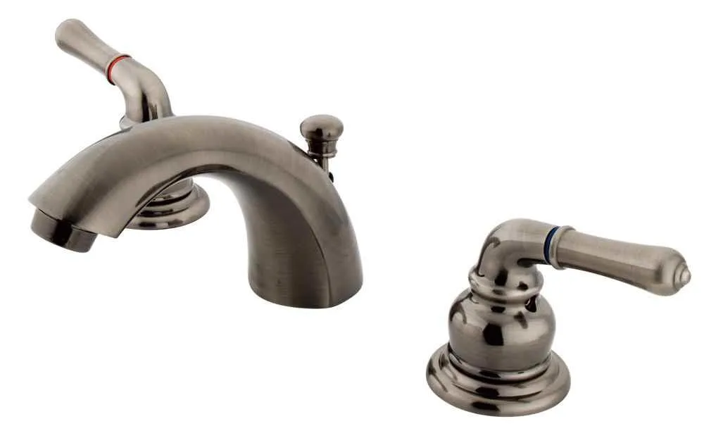 Vintage brass mini-widespread lavatory faucet with two metal lever handles on three-hole deck mount
