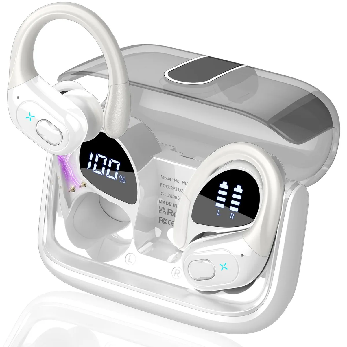 White over-ear Bluetooth headset with earhooks and charging case