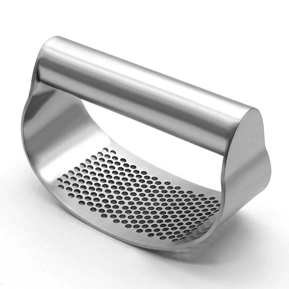 Stainless steel garlic press rocker, brushed finish, curved perforated surface, 10x7.2x5cm