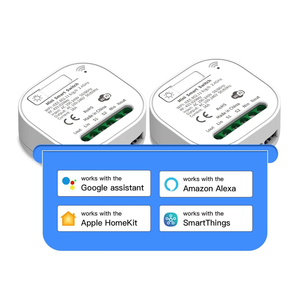 Two square white relay modules with plug-in pins, each about 2.76 by 1.57 by .79 inches