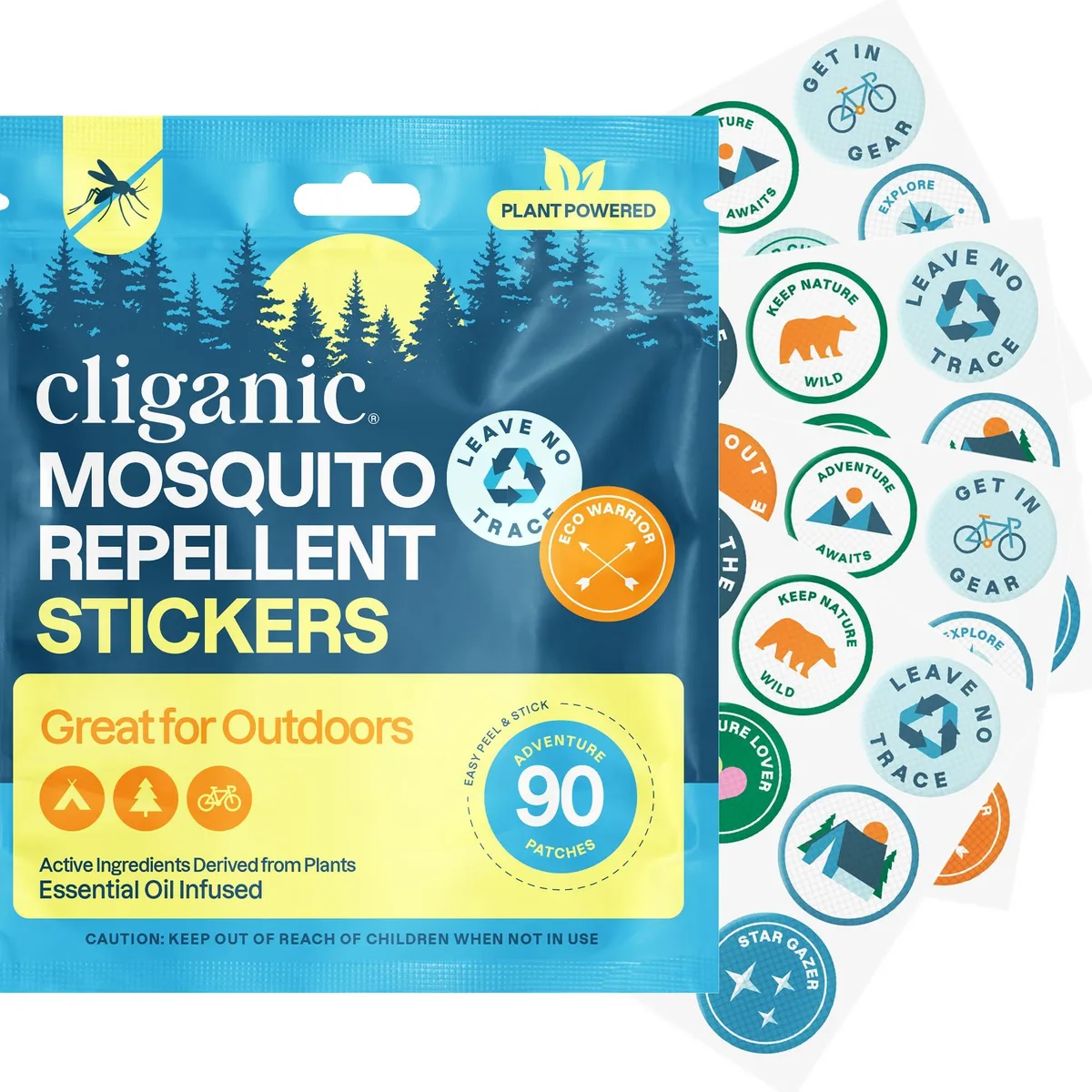 Pack of ninety small square stickers with colourful outdoor badge designs on a resealable sheet