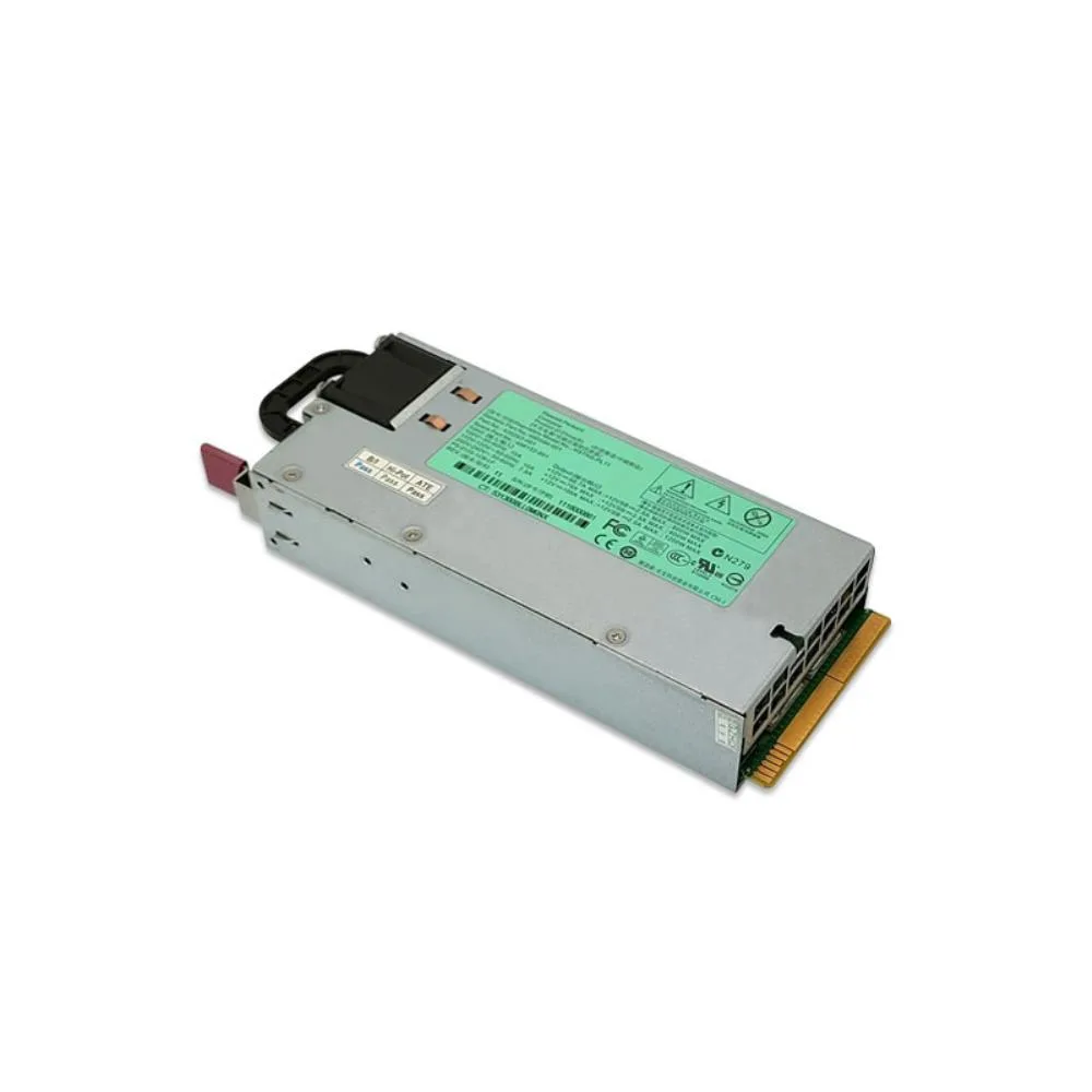 A rectangular metal server power supply unit with ventilation grille and rear connector panel