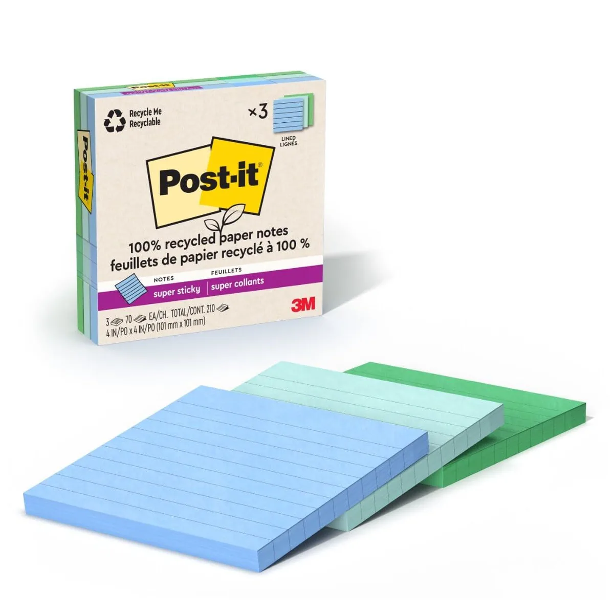 Three square pads of lined pastel sticky notes in a paperboard carton