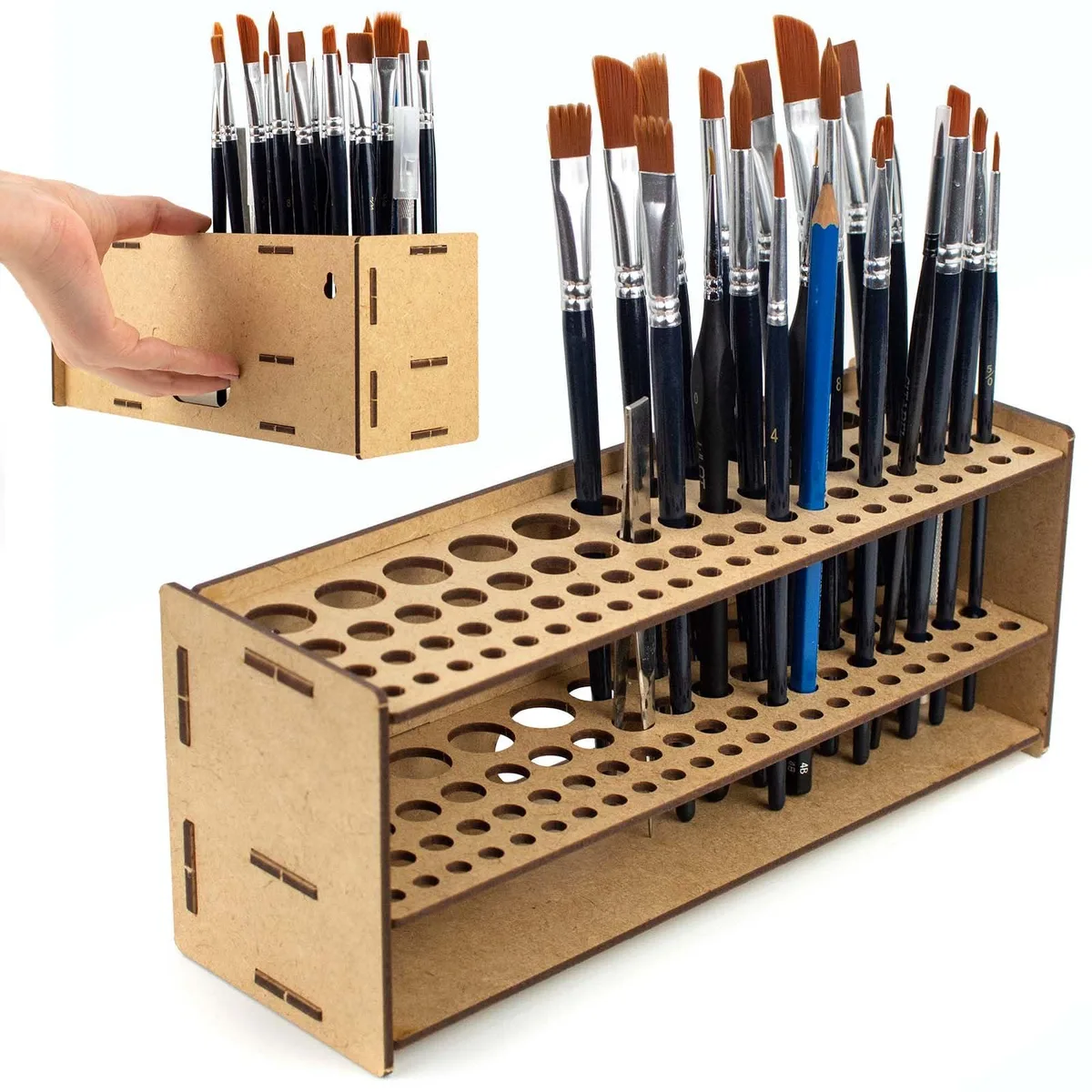 Small wooden organizer with multiple holes for brushes and tools, freestanding or wall-mountable, unfinished MDF surface