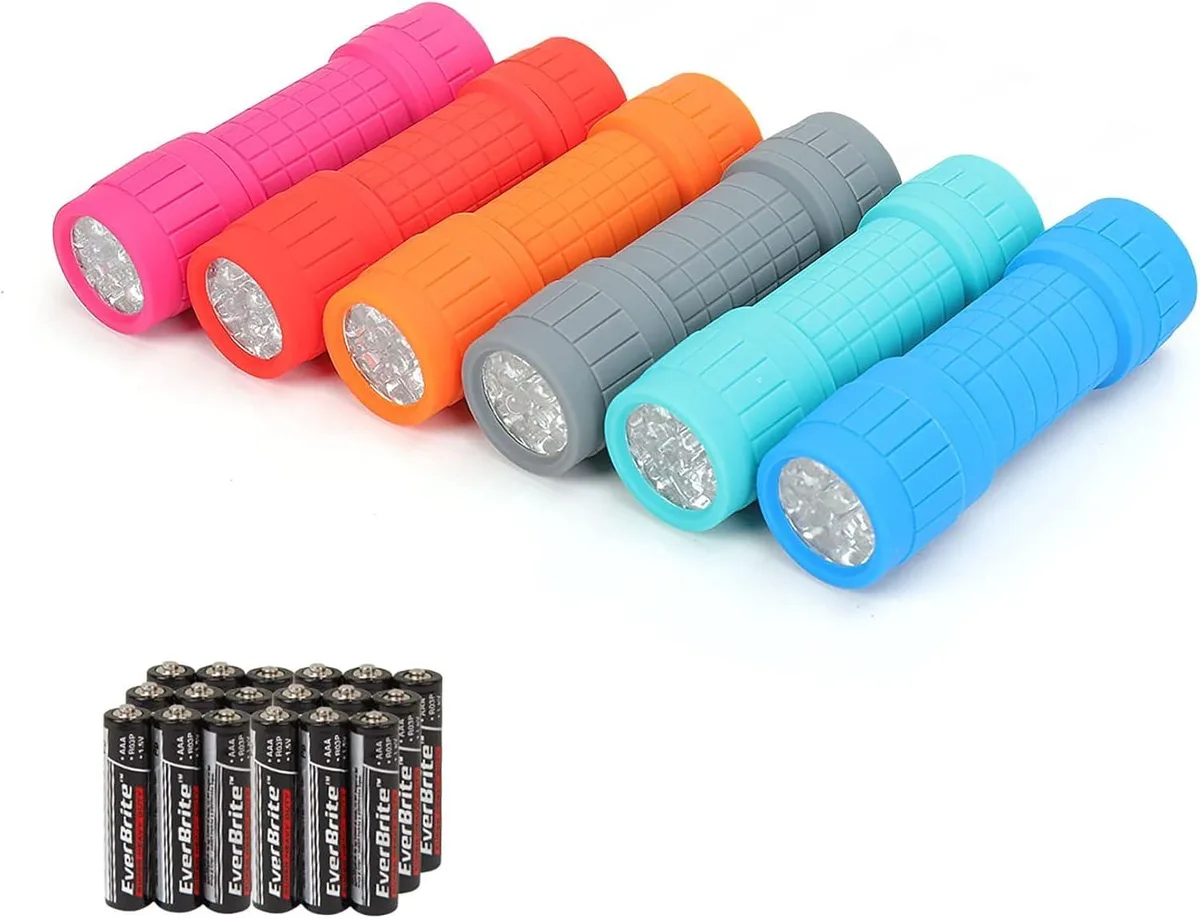 Six coloured handheld torches with lanyards, hard plastic bodies, assorted bright colours