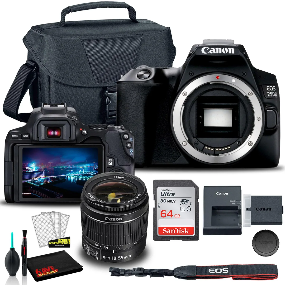 Canon Canon EOS 250D DSLR Camera with 18-55mm Lens (Black) + EOS Bag + Sandisk Ultra 64GB Card + Cleaning Set — product photo