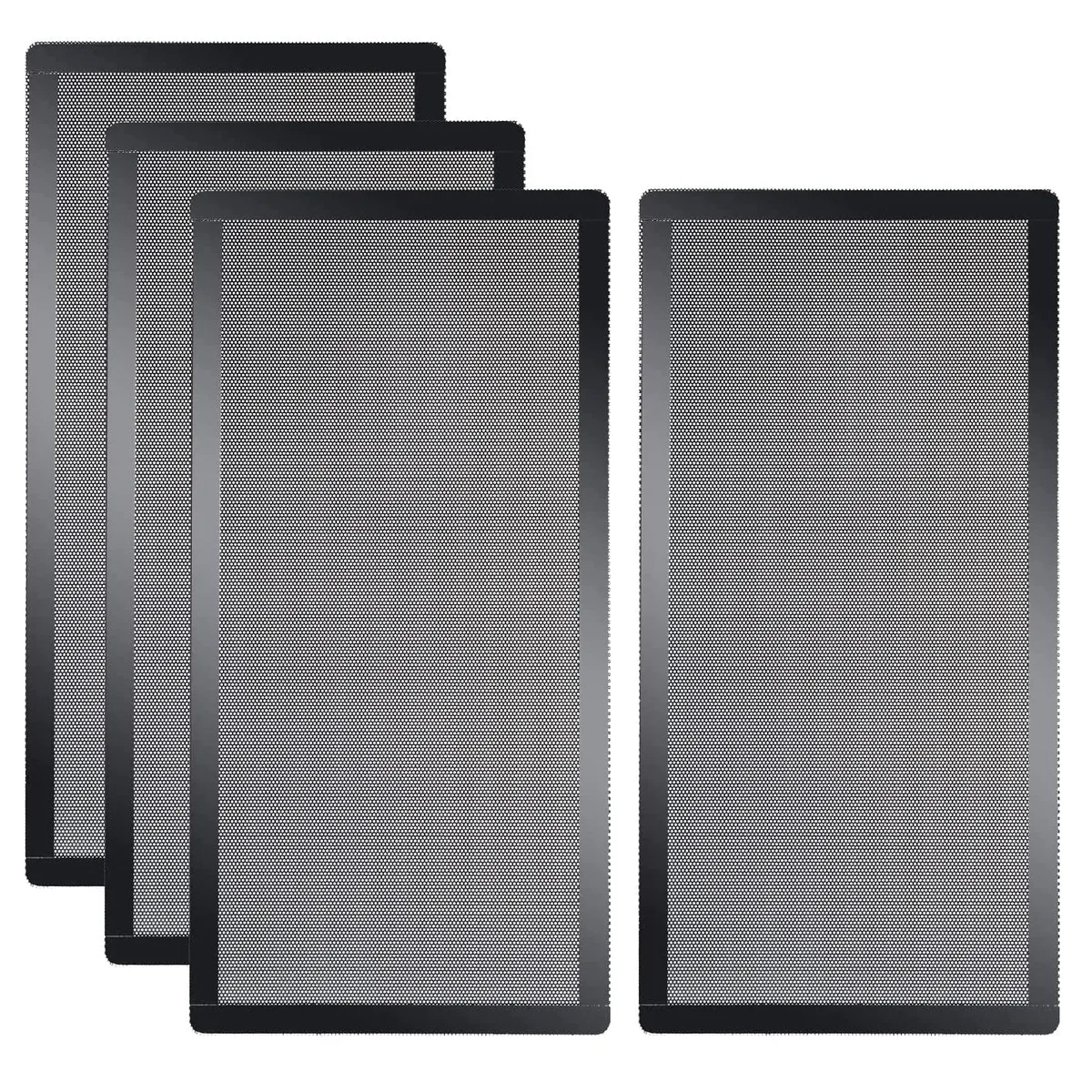 Four flexible black PVC mesh filters with magnetic frames 240 by 120 mm
